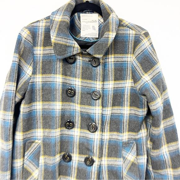 SZ XL Aeropostale Plaid Short Wool Blend Trench Blue Gray Yellow - Picture 2 of 7